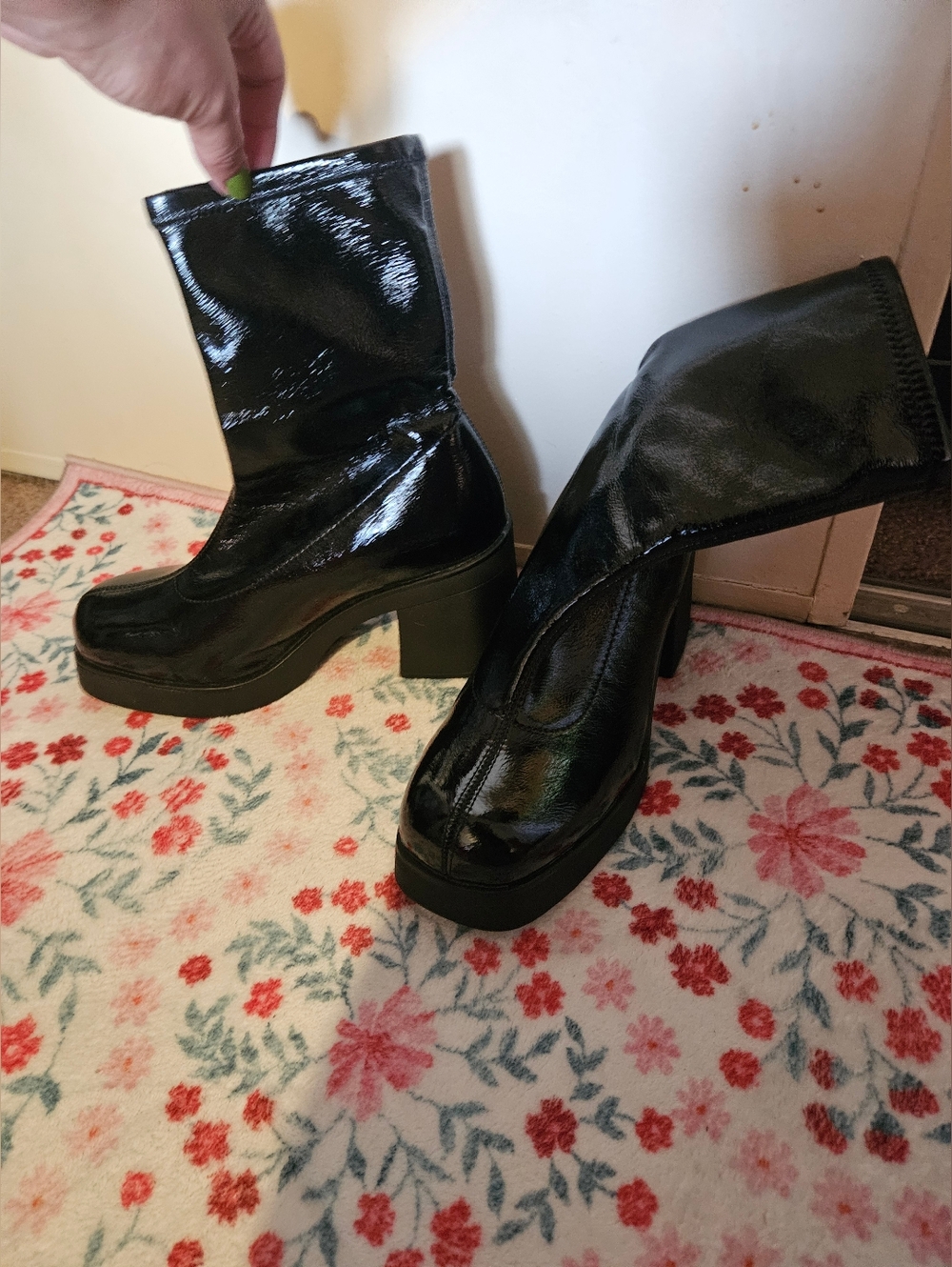 Women's Black Patent Platform Mid-Calf Boots